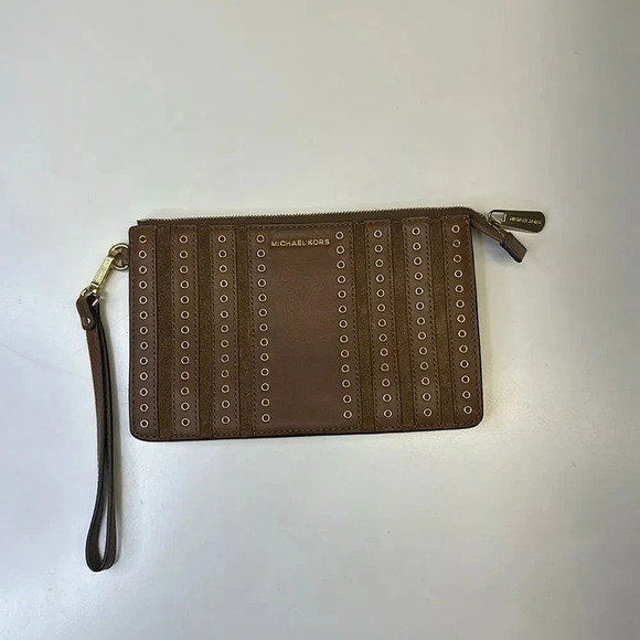 Michael Kors Hattie Clutch Bag Purse Large Zip Caramel Brown Gold Metallic - Picture 1 of 8